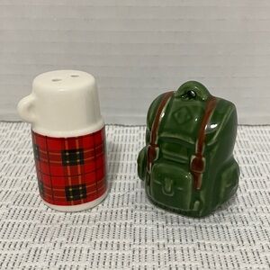 Ceramic Backpack & Plaid Thermos Salt and Pepper Shakers - Green & Red